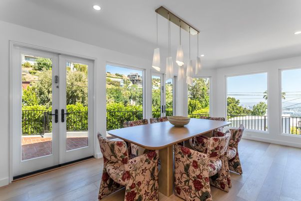 Dining room, Interior, Pendant Lights, Recessed Lighting, Wood Texture Flooring