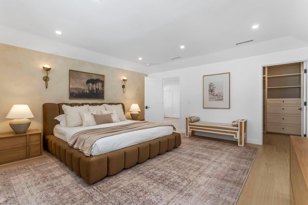 Bedroom, Interior, Recessed Lighting, Wood Texture Flooring