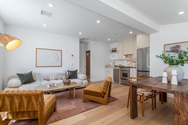 Dining room, Interior, Kitchen, Living room, Recessed Lighting, Stainless Steel Appliances, Wood Texture Flooring