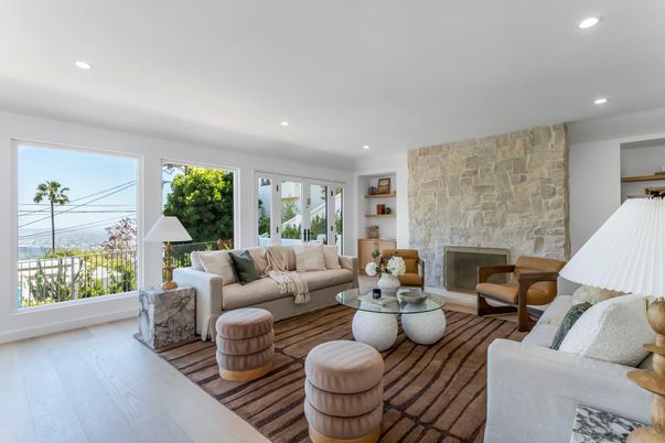 Fireplace, Interior, Living room, Recessed Lighting, Stone Walls, Wood Texture Flooring