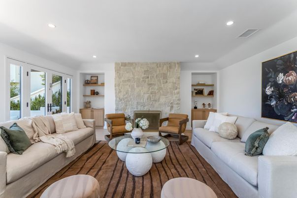 Interior, Living room, Recessed Lighting, Stone Walls, Wood Texture Flooring