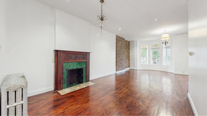 Empty room, Fireplace, Interior, Pendant Lights, Recessed Lighting, Wood Texture Flooring