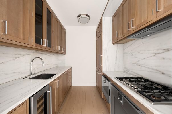 Interior, Kitchen, Marble Walls, Stainless Steel Appliances, Wood Texture Flooring