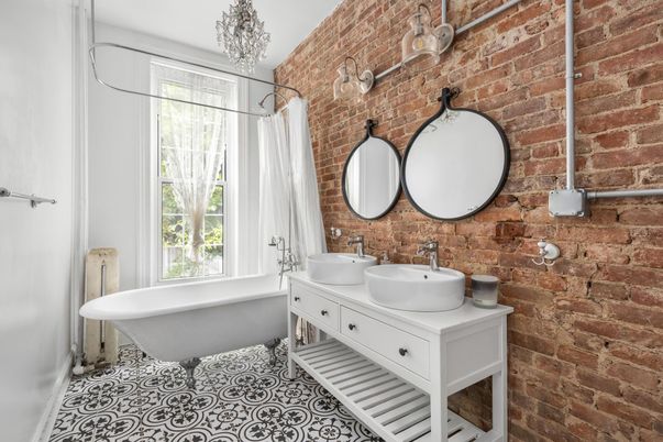 Bathroom, Dual Sink Vanities, Free Standing Baths, Interior, Pendant Lights, Stone Walls