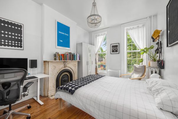 Bedroom, Fireplace, Home Office, Interior, Pendant Lights, Wood Texture Flooring