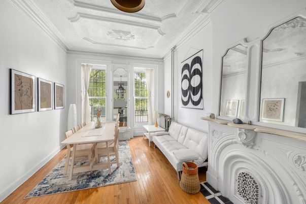 Dining room, Fireplace, Interior, Living room, Wood Texture Flooring