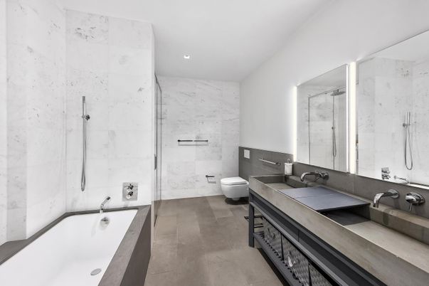 Bathroom, Dual Sink Vanities, Glass Shower, Interior, Marble Walls, Recessed Lighting