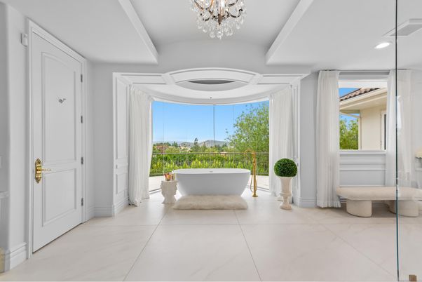 Bathroom, Chandelier, Free Standing Baths, Interior, Marble, Recessed Lighting