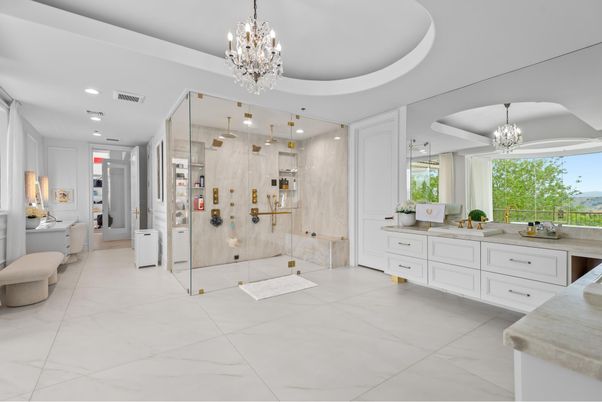 Bathroom, Chandelier, Glass Shower, Interior, Marble, Pendant Lights, Recessed Lighting