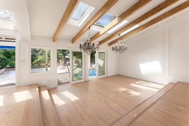 Chandelier, Empty room, Interior, Recessed Lighting, Wooden Beams, Wood Texture Flooring