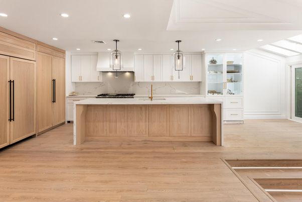Interior, Kitchen, Marble Walls, Pendant Lights, Recessed Lighting, Wood Texture Flooring
