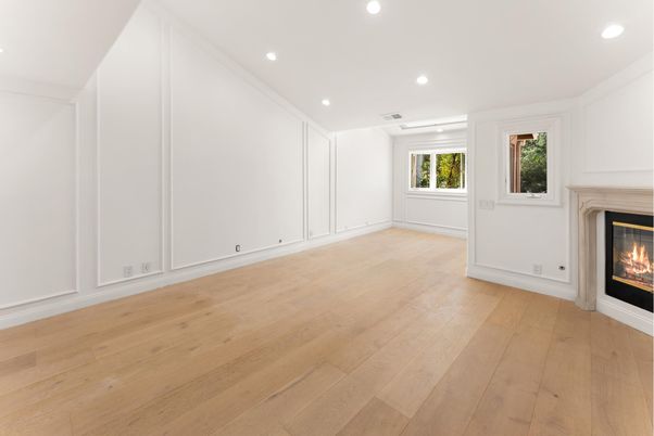 Empty room, Fireplace, Interior, Recessed Lighting, Wood Texture Flooring