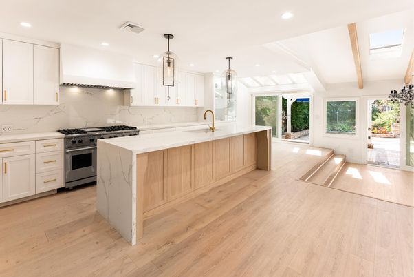 Interior, Kitchen, Marble Walls, Pendant Lights, Recessed Lighting, Stainless Steel Appliances, Wooden Beams, Wood Texture Flooring