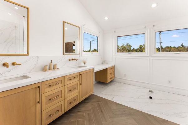 Bathroom, Dual Sink Vanities, Interior, Marble, Recessed Lighting, Wood Texture Flooring