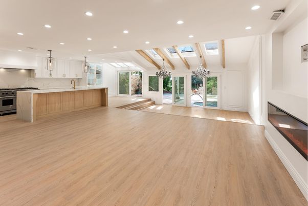 Fireplace, Interior, Kitchen, Marble Walls, Pendant Lights, Recessed Lighting, Wood Texture Flooring