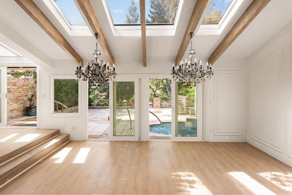 Chandelier, Empty room, Glass Ceilings, Interior, Sun Room, Wooden Beams, Wood Texture Flooring