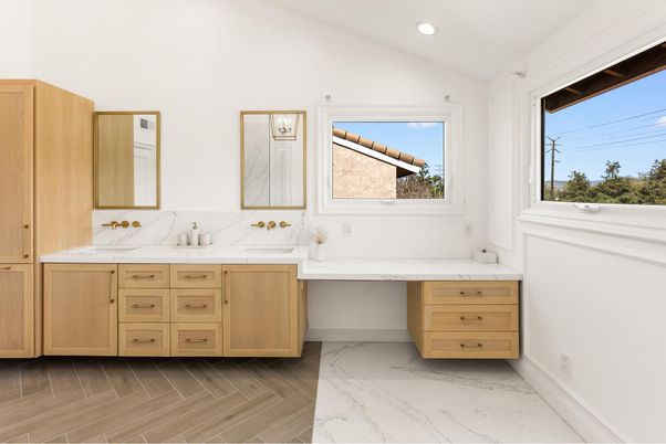 Bathroom, Dual Sink Vanities, Interior, Marble, Recessed Lighting, Wood Texture Flooring