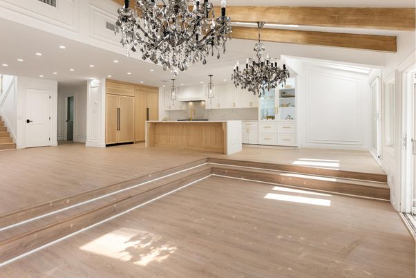 Chandelier, Interior, Kitchen, Pendant Lights, Recessed Lighting, Wood Texture Flooring