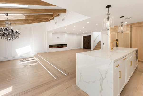 Fireplace, Interior, Kitchen, Pendant Lights, Recessed Lighting, Wooden Beams, Wood Texture Flooring