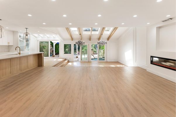 Empty room, Fireplace, Interior, Recessed Lighting, Wood Texture Flooring