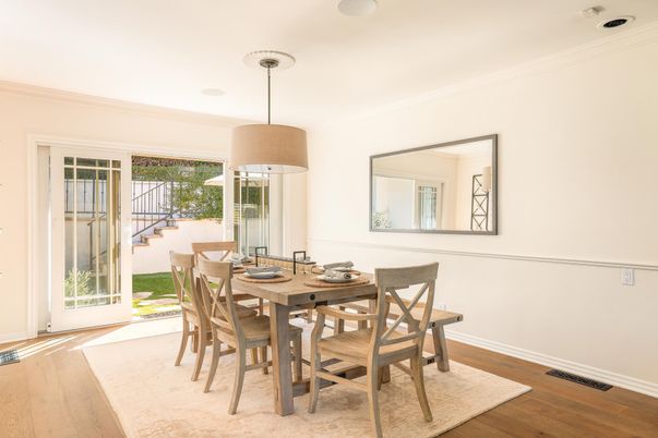 Dining room, Interior, Pendant Lights, Wood Texture Flooring