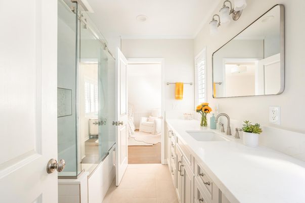 Bathroom, Dual Sink Vanities, Glass Shower, Interior, Wood Texture Flooring