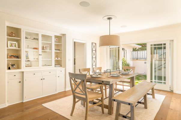 Dining room, Interior, Pendant Lights, Wood Texture Flooring