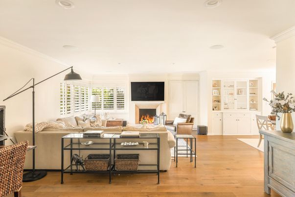 Fireplace, Interior, Living room, Recessed Lighting, Wood Texture Flooring