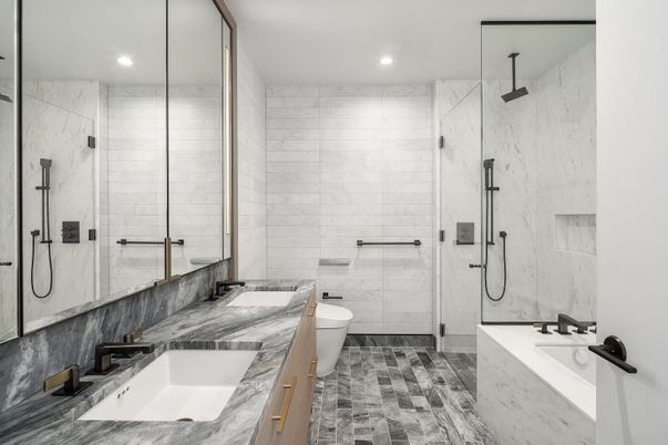 Bathroom, Dual Sink Vanities, Glass Shower, Interior, Marble Walls, Recessed Lighting
