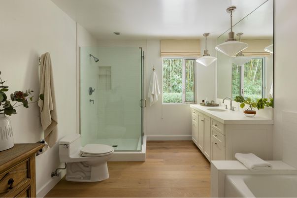 Bathroom, Glass Shower, Interior, Pendant Lights, Wood Texture Flooring