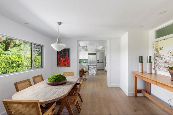 Dining room, Interior, Kitchen, Pendant Lights, Wood Texture Flooring