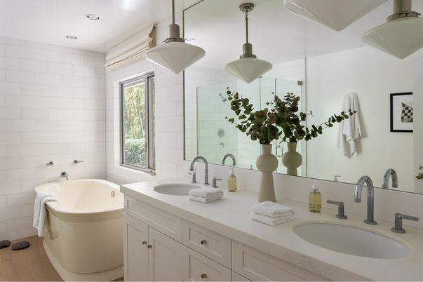 Bathroom, Dual Sink Vanities, Free Standing Baths, Interior, Pendant Lights, Recessed Lighting, Wood Texture Flooring