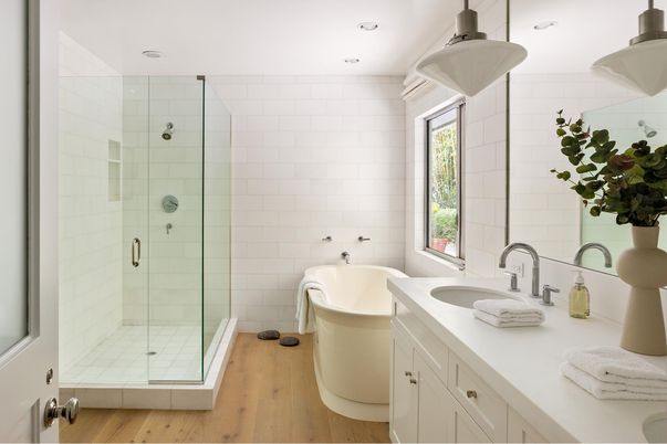 Bathroom, Dual Sink Vanities, Free Standing Baths, Glass Shower, Interior, Recessed Lighting, Wood Texture Flooring