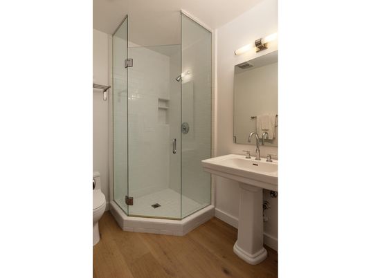 Bathroom, Glass Shower, Interior, Wood Texture Flooring
