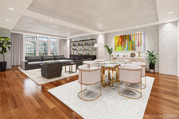 Dining room, Interior, Living room, Recessed Lighting, Wood Texture Flooring