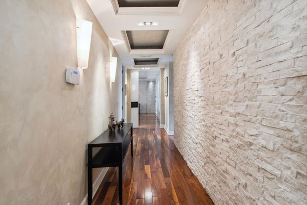 Interior, Recessed Lighting, Stone Walls, Wood Texture Flooring