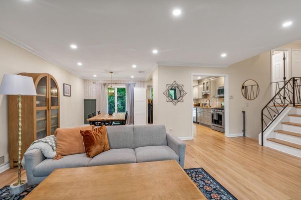 Dining room, Interior, Kitchen, Living room, Recessed Lighting, Stainless Steel Appliances, Wood Texture Flooring