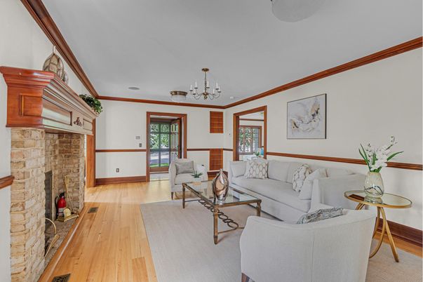 Chandelier, Fireplace, Interior, Living room, Stone Walls, Wood Texture Flooring