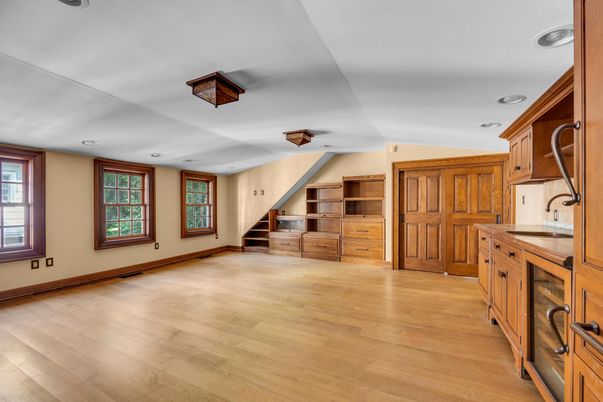 Empty room, Interior, Kitchen, Recessed Lighting, Wood Texture Flooring