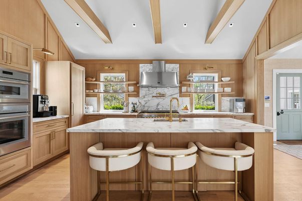 Interior, Kitchen, Recessed Lighting, Stainless Steel Appliances, Wooden Beams, Wood Texture Flooring