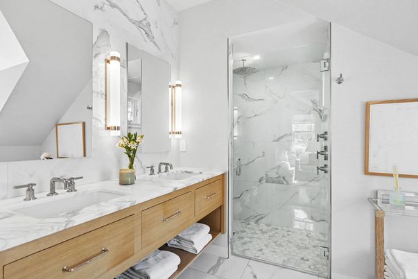 Bathroom, Dual Sink Vanities, Glass Shower, Interior, Marble, Marble Walls