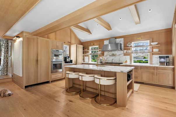 Interior, Kitchen, Recessed Lighting, Stainless Steel Appliances, Wooden Beams, Wood Texture Flooring