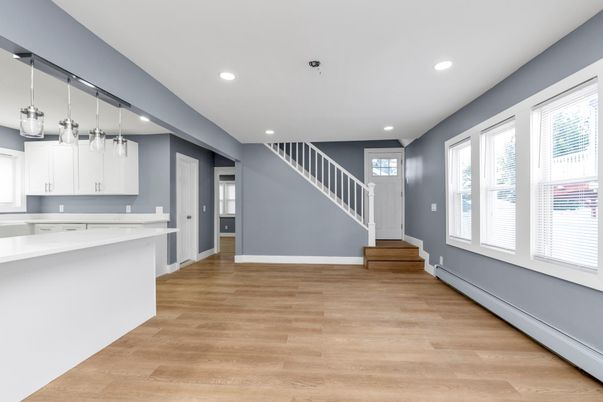 Interior, Kitchen, Pendant Lights, Recessed Lighting, Wood Texture Flooring