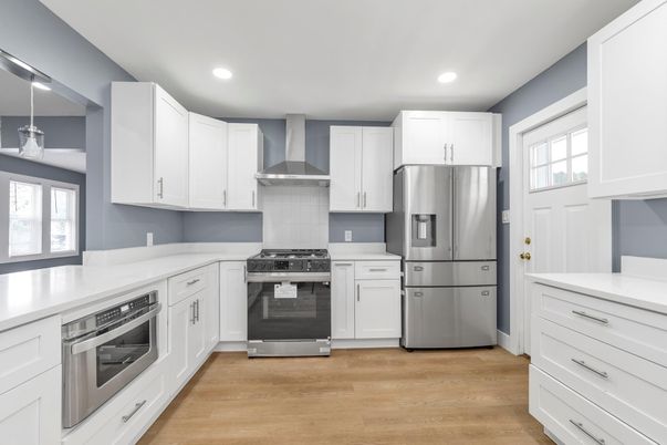 Interior, Kitchen, Recessed Lighting, Stainless Steel Appliances, Wood Texture Flooring