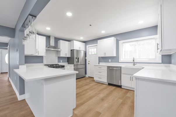 Interior, Kitchen, Pendant Lights, Recessed Lighting, Stainless Steel Appliances, Wood Texture Flooring
