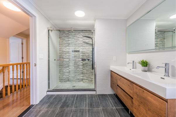 Bathroom, Dual Sink Vanities, Glass Shower, Interior, Recessed Lighting