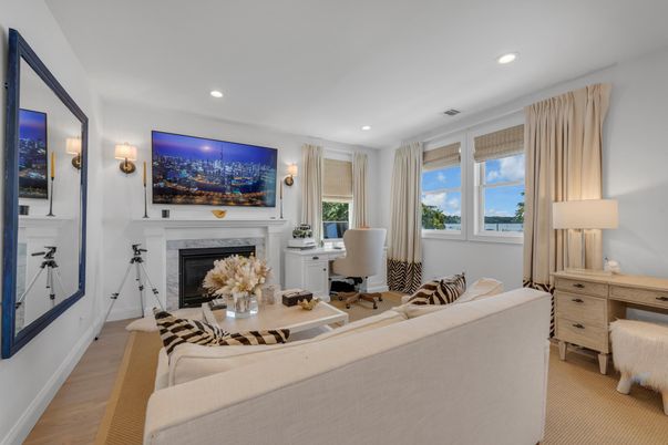 Fireplace, Home Office, Interior, Living room, Recessed Lighting, Wood Texture Flooring