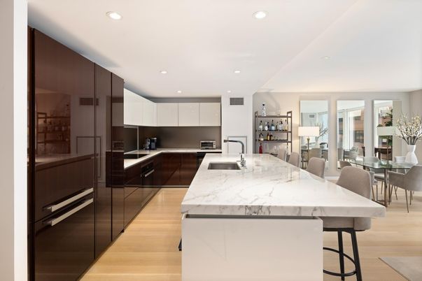 Dining room, Interior, Kitchen, Recessed Lighting, Stainless Steel Appliances, Wood Texture Flooring