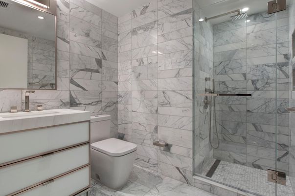 Bathroom, Glass Shower, Interior, Marble, Marble Walls, Recessed Lighting