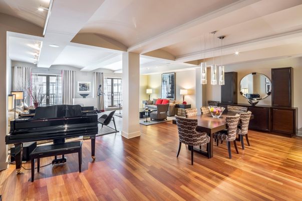 Dining room, Interior, Living room, Pendant Lights, Piano, Recessed Lighting, Wood Texture Flooring